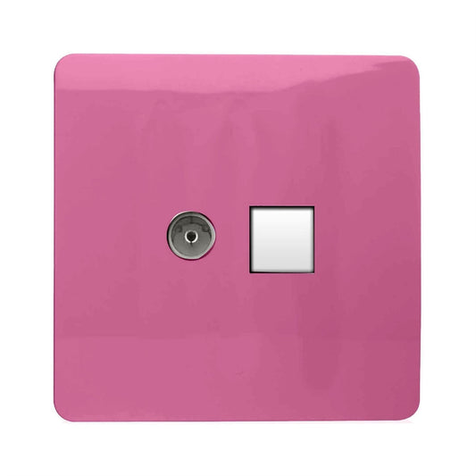 Trendi Switch 2 Gang TV Co-Axial & RJ45 Cat 6 Modern Designer PC Ethernet Socketsin Candy Pink