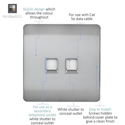Trendi Switch 2 Gang RJ45 Cat 5e PC Ethernet & Telephone Slave Sockets in Brushed Steel