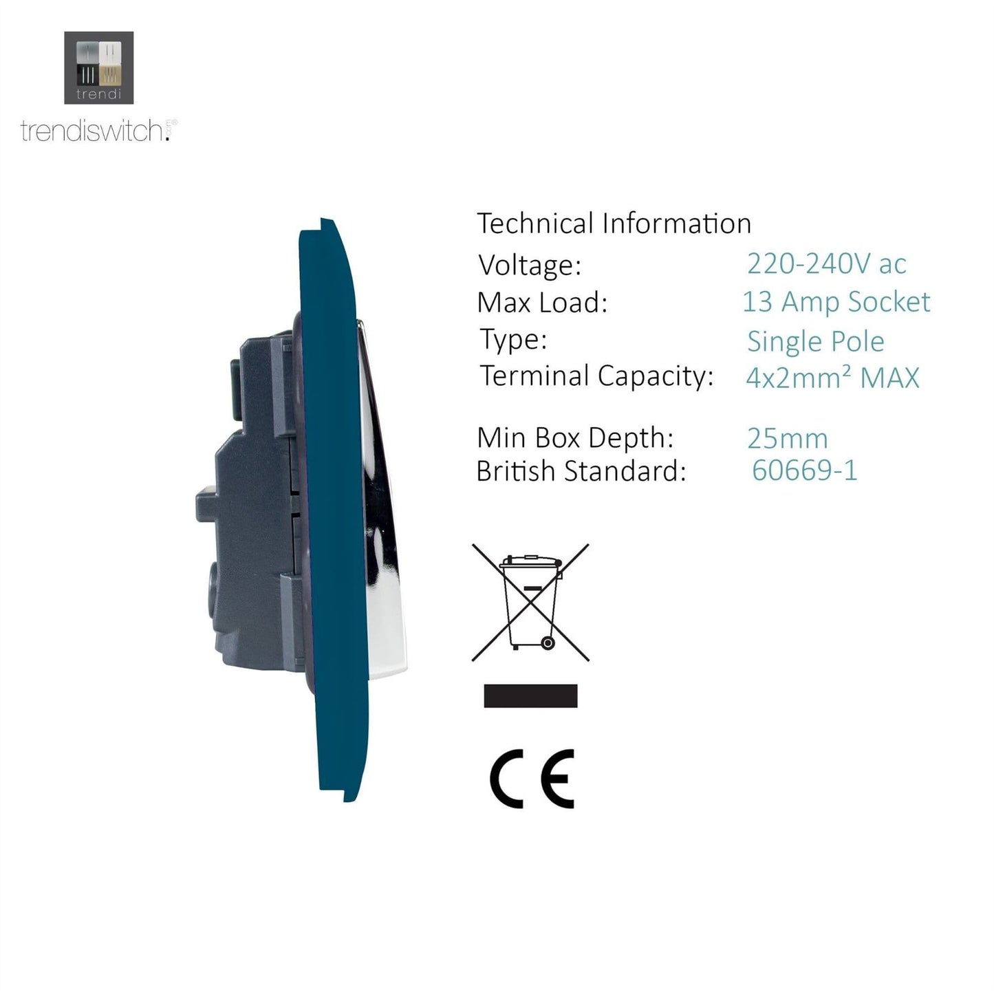 Trendi Switch 2 Gang Long Switched Plug Socketin Midnight Blue