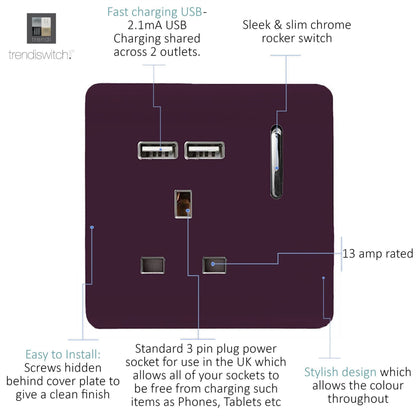 Trendi Switch 1 Gang USB 2100mA Plug Socket in Plum Purple