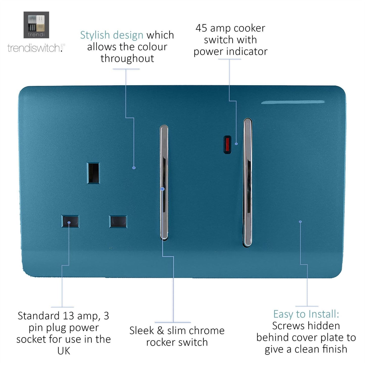 Trendi Switch 45 Amp Cooker Switch & 13 Amp Plug Socket with Neonin Ocean Blue