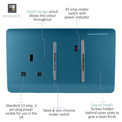 Trendi Switch 45 Amp Cooker Switch & 13 Amp Plug Socket with Neon in Ocean Blue