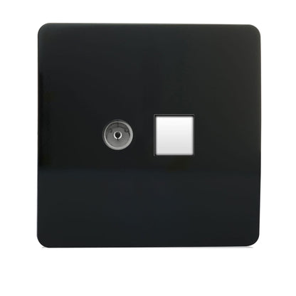 Trendi Switch 2 Gang Female TV Co-Axial & RJ45 Cat 5e PC Ethernet Sockets in Piano Black