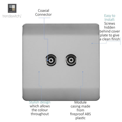 Trendi Switch 2 Gang Female Co-Axial Television Socket in Brushed Steel