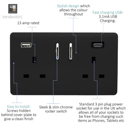 Trendi Switch 2 Gang USB 3100mA Type A & C USB Plug Socket in Matt Black