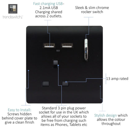 Trendi Switch 1 Gang USB 2100mA Plug Socket in Piano Black