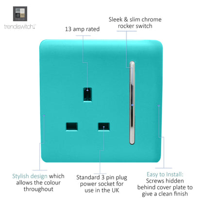 Trendi Switch 1 Gang 13 Amp Switched Plug Socket in Bright Teal