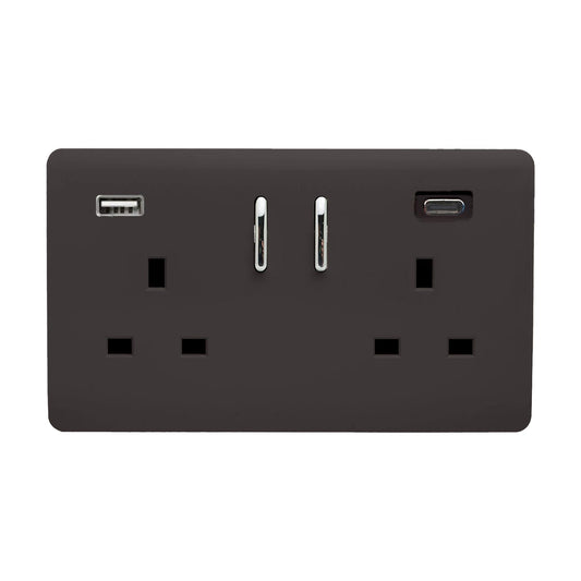 Trendi Switch 2 Gang USB 65W Type A & C USB Plug Socket in Dark Brown