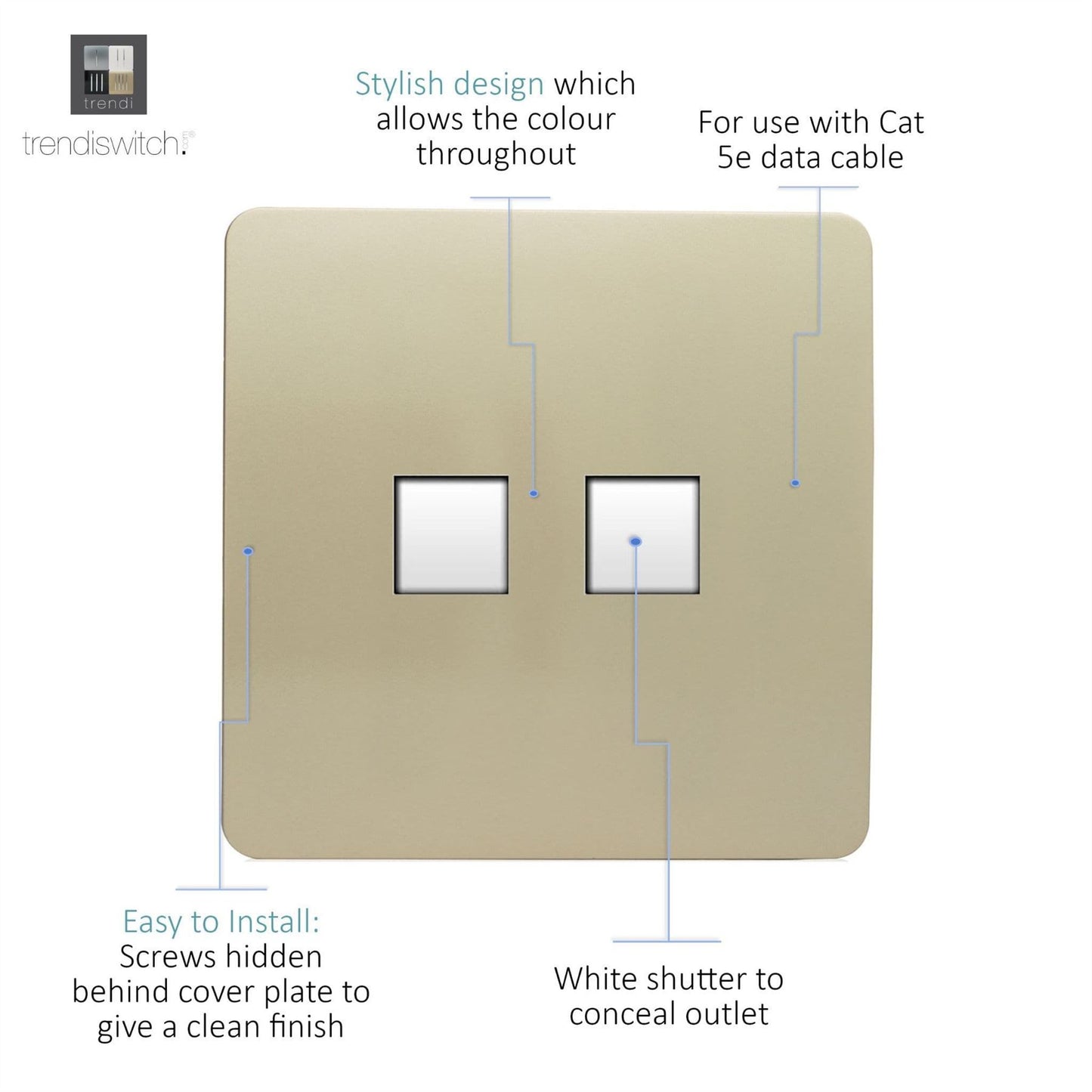 Trendi Switch 2 Gang RJ45 Cat 5e PC Ethernet Socketin Champagne Gold