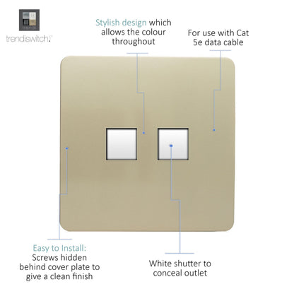 Trendi Switch 2 Gang RJ45 Cat 5e PC Ethernet Socket in Champagne Gold