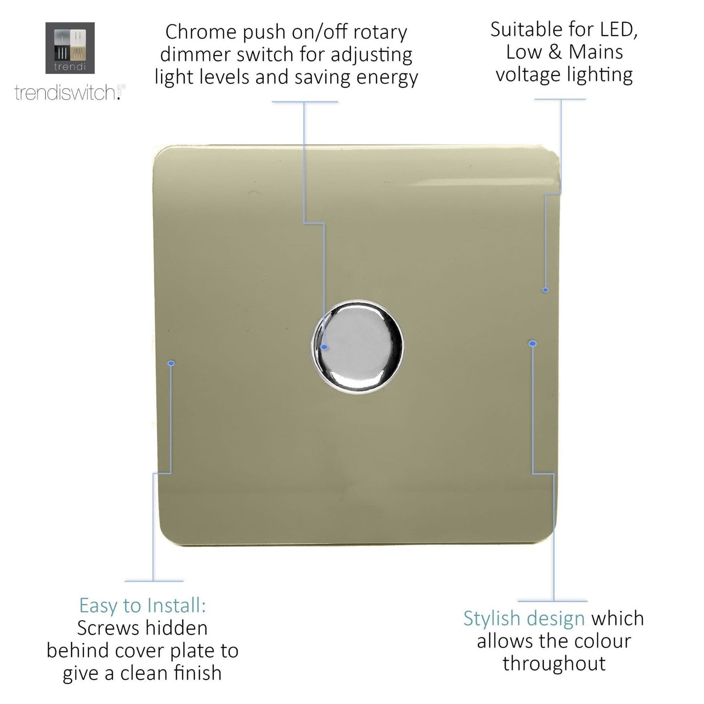 Trendi Switch 1 Gang 1 or 2 way 150w Rotary LED Dimmer Light Switchin Champagne Gold