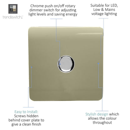 Trendi 1 Gang 2 Way 240V 100w LED Dimmer Screwless Raised Front Plate Plastic Artistic Modern Glossy 10 Amp Chrome Single Electrical Wall Light Switch in Champagne Gold - ART-LDMGO