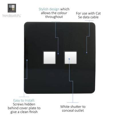 Trendi Switch 2 Gang RJ45 Cat 5e PC Ethernet Socket in Piano Black