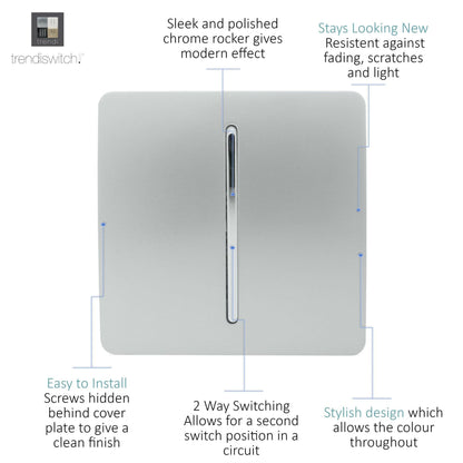 Trendi Switch 1 Gang 1 or 2 way Rocker Light Switch in Platinum Silver
