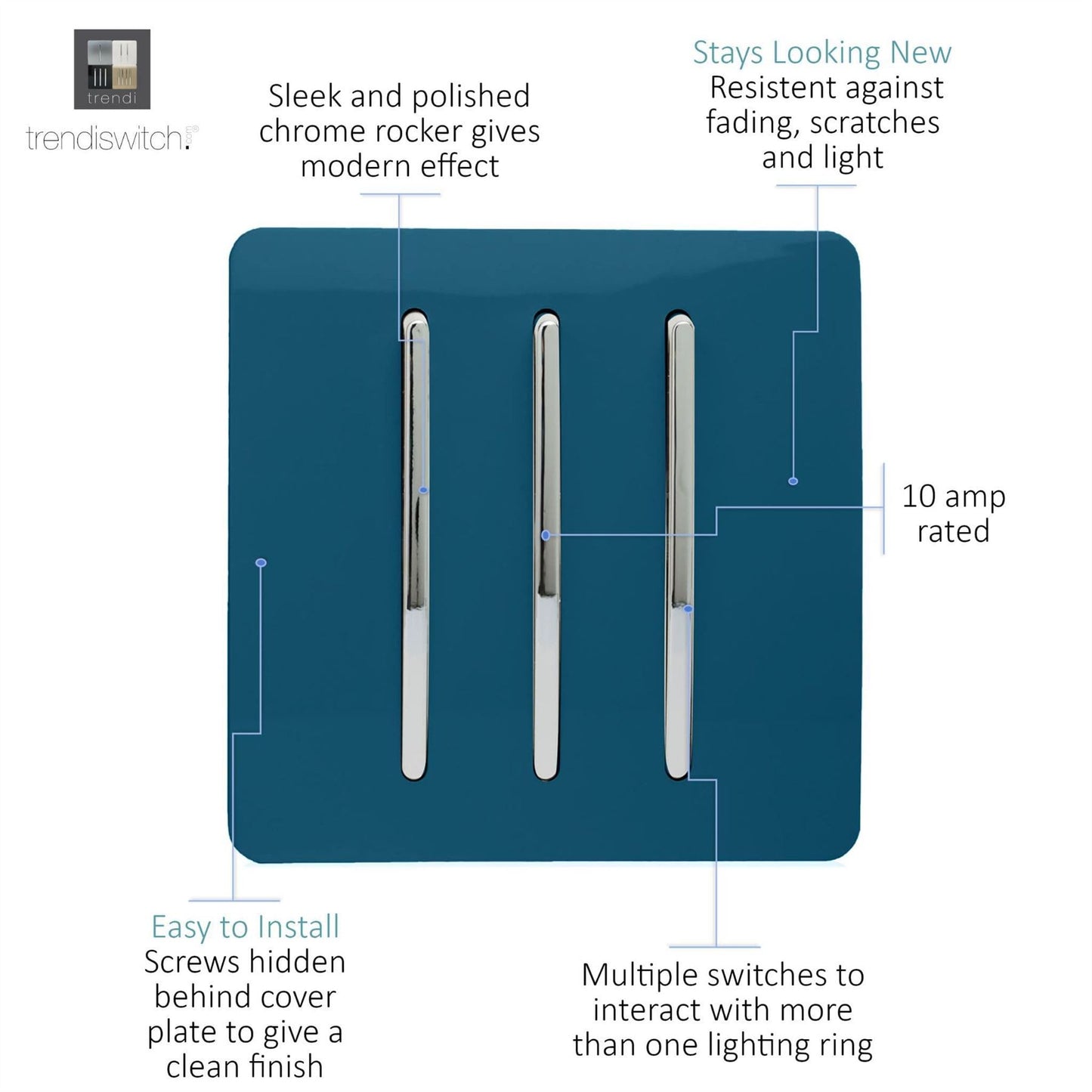 Trendi Switch 3 Gang 1 or 2 way Rocker Light Switch in Midnight Blue