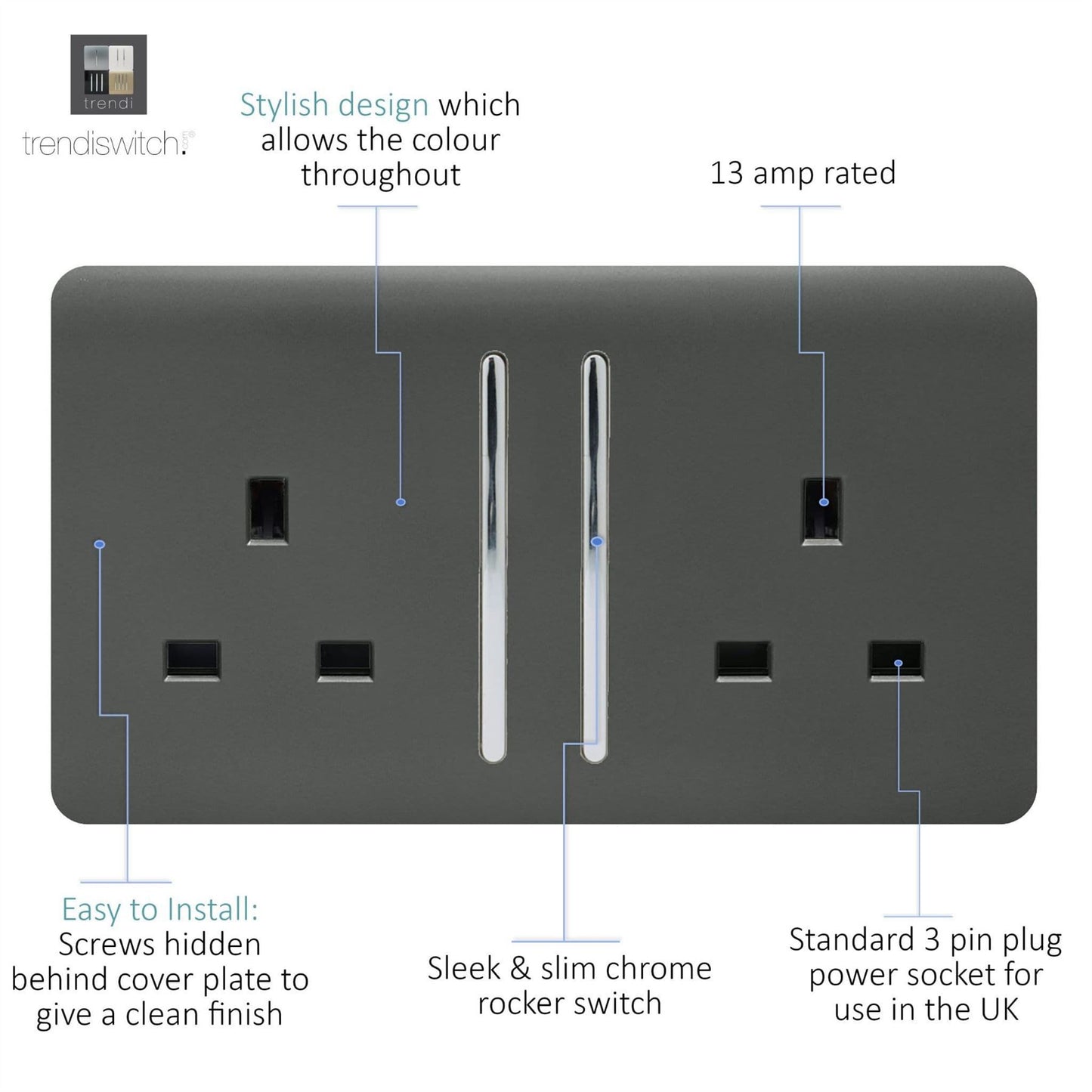 Trendi Switch 2 Gang Long Switched Plug Socketin Charcoal Grey