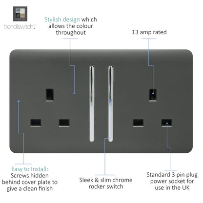 Trendi Switch 2 Gang Long Switched Plug Socket in Charcoal Grey