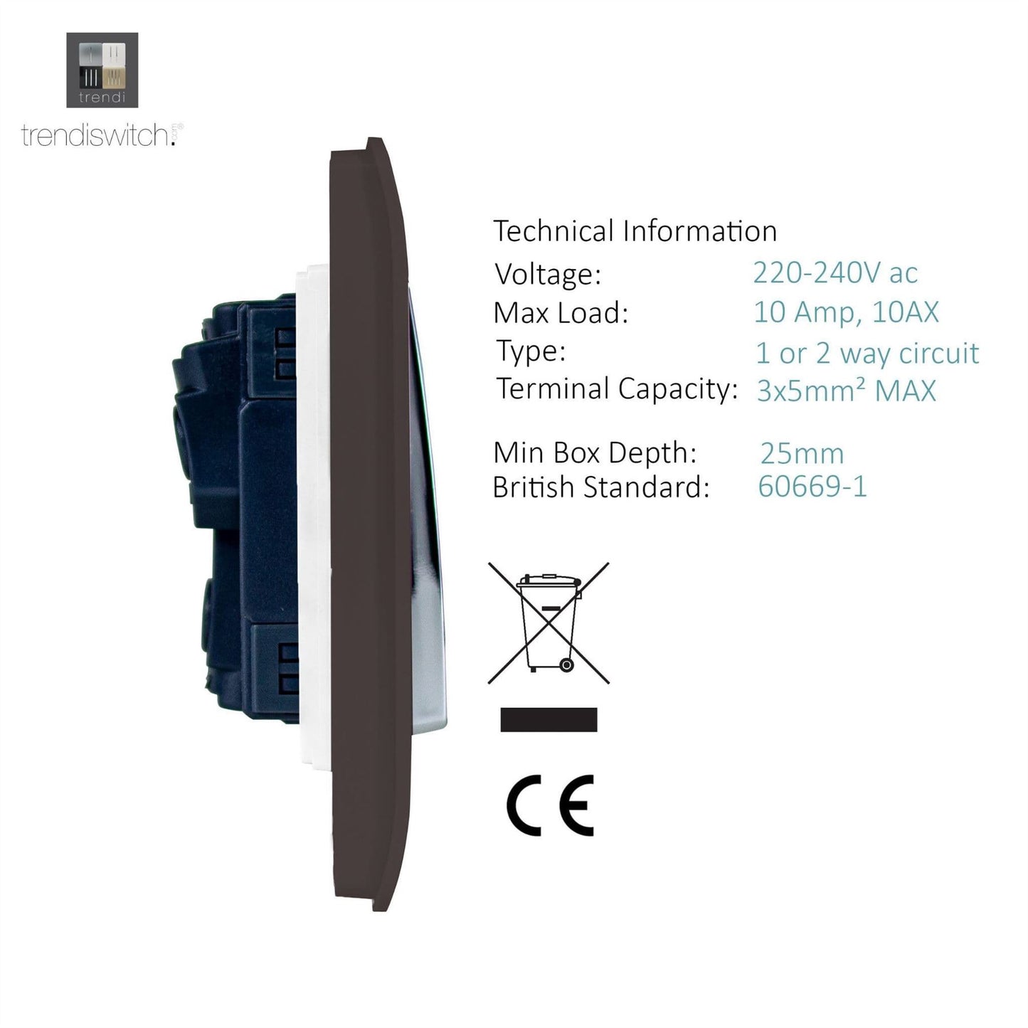 Trendi Switch 2 Gang Rocker Light Switch (1x 1 or 2 way & 1x Intermediate)in Dark Mocha Brown
