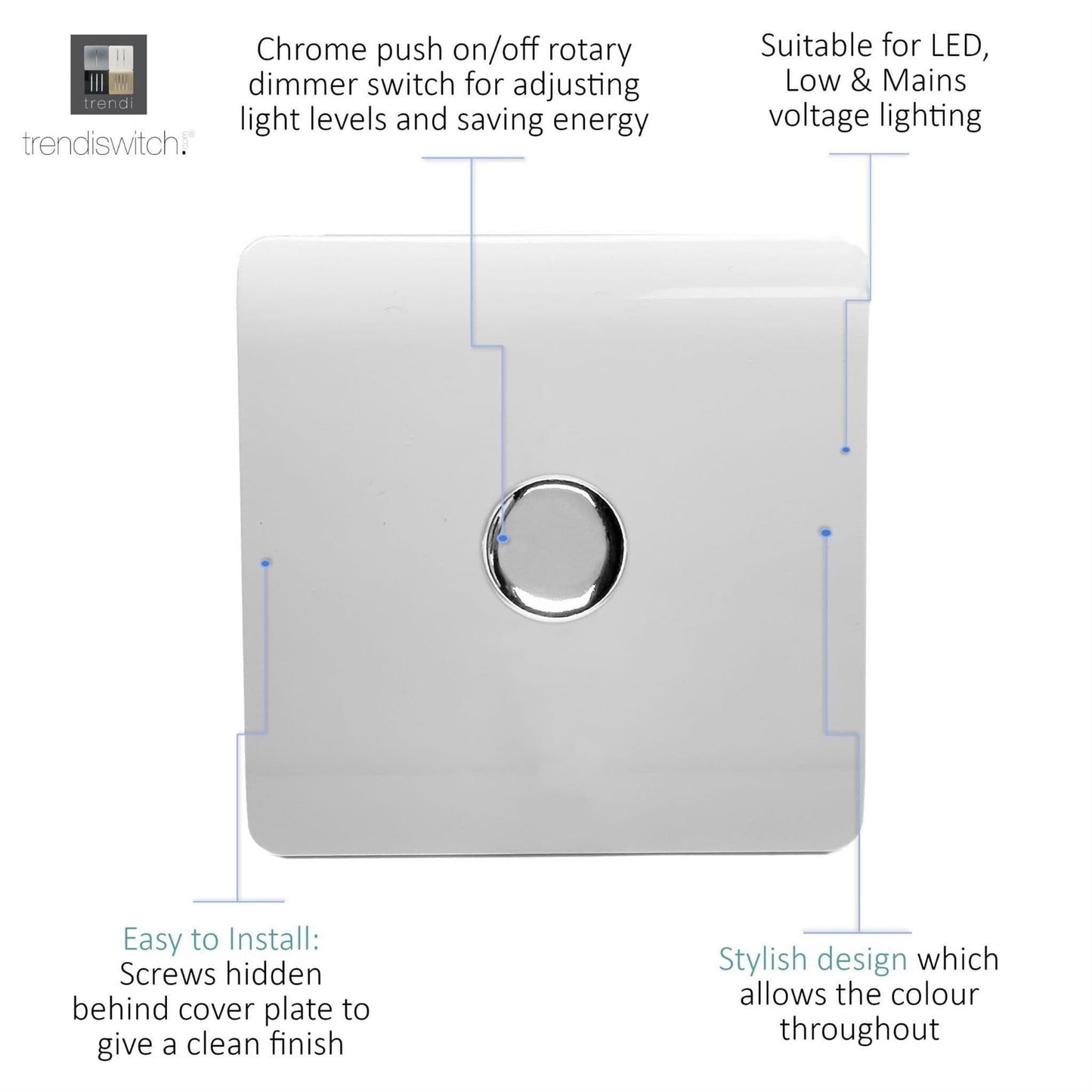 Trendi Switch 1 Gang 1 or 2 way 150w Rotary LED Dimmer Light Switchin Ice White