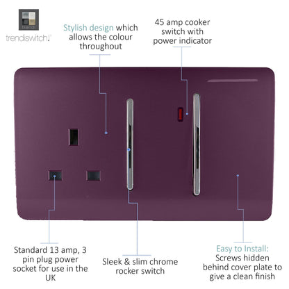 Trendi Switch 45 Amp Cooker Switch & 13 Amp Plug Socket with Neon in Plum Purple