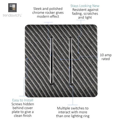 Trendi Switch 2 Gang Rocker Light Switch (1x 1 or 2 way & 1x Intermediate)in Carbon Fibre