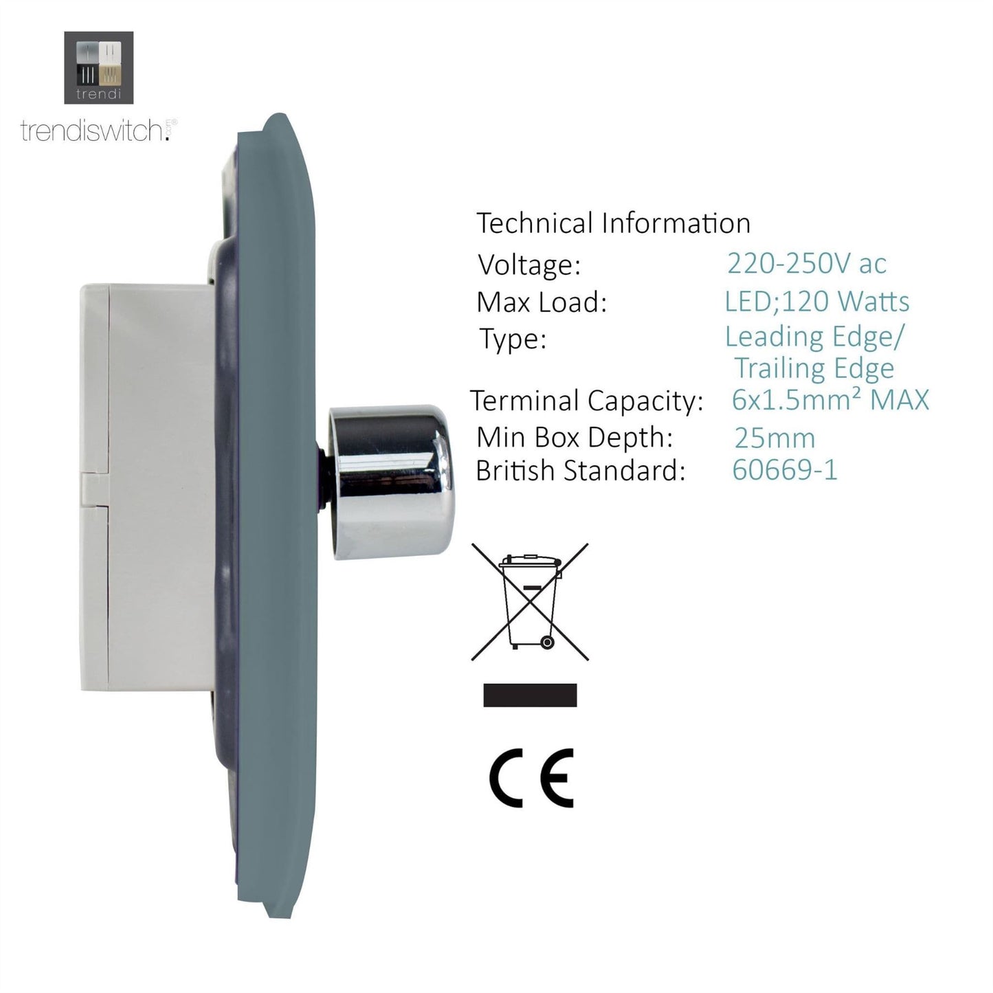 Trendi Switch 1 Gang 1 or 2 way 150w Rotary LED Dimmer Light Switchin Cool Grey