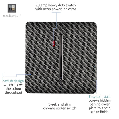 Trendi Switch 1 Gang 20 Amp Heavy Duty Rocker Switch in Carbon Fibre