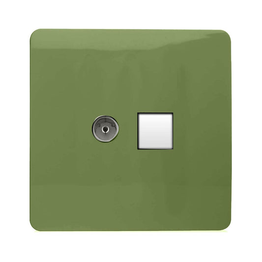 Trendi Switch 2 Gang Female TV Co-Axial & RJ45 Cat 5e PC Ethernet Socketsin Moss Green