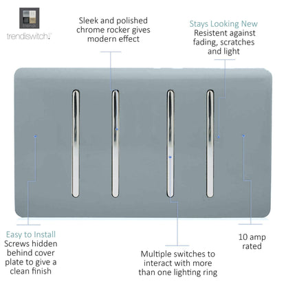 Trendi Switch 4 Gang Intermediate Rocker Light Switch in Cool Grey