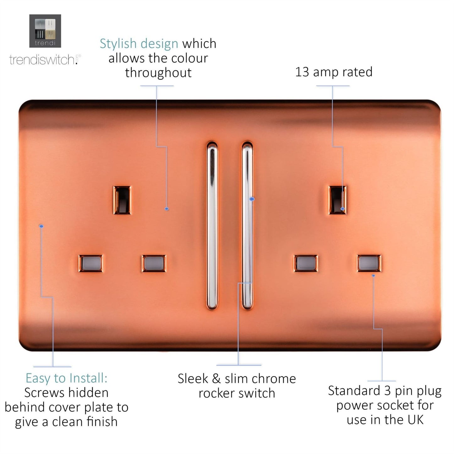 Trendi Switch 2 Gang Long Switched Plug Socketin Copper