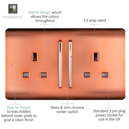 Trendi Switch 2 Gang Long Switched Plug Socket in Copper