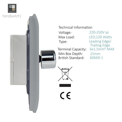 Trendi 2 Gang 2 Way 240V 100w LED Dimmer Screwless Raised Front Plate Plastic Artistic Modern Glossy 10 Amp Chrome Single Electrical Wall Light Switch in Platinum Silver - ART-2LDMSI