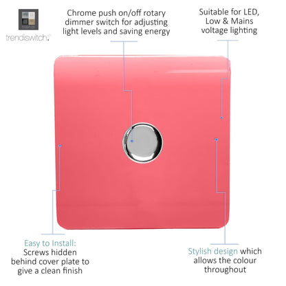 Trendi 1 Gang 2 Way 240V 100w LED Dimmer Screwless Raised Front Plate Plastic Artistic Modern Glossy 10 Amp Chrome Single Electrical Wall Light Switch in Strawberry Red - ART-LDMSB