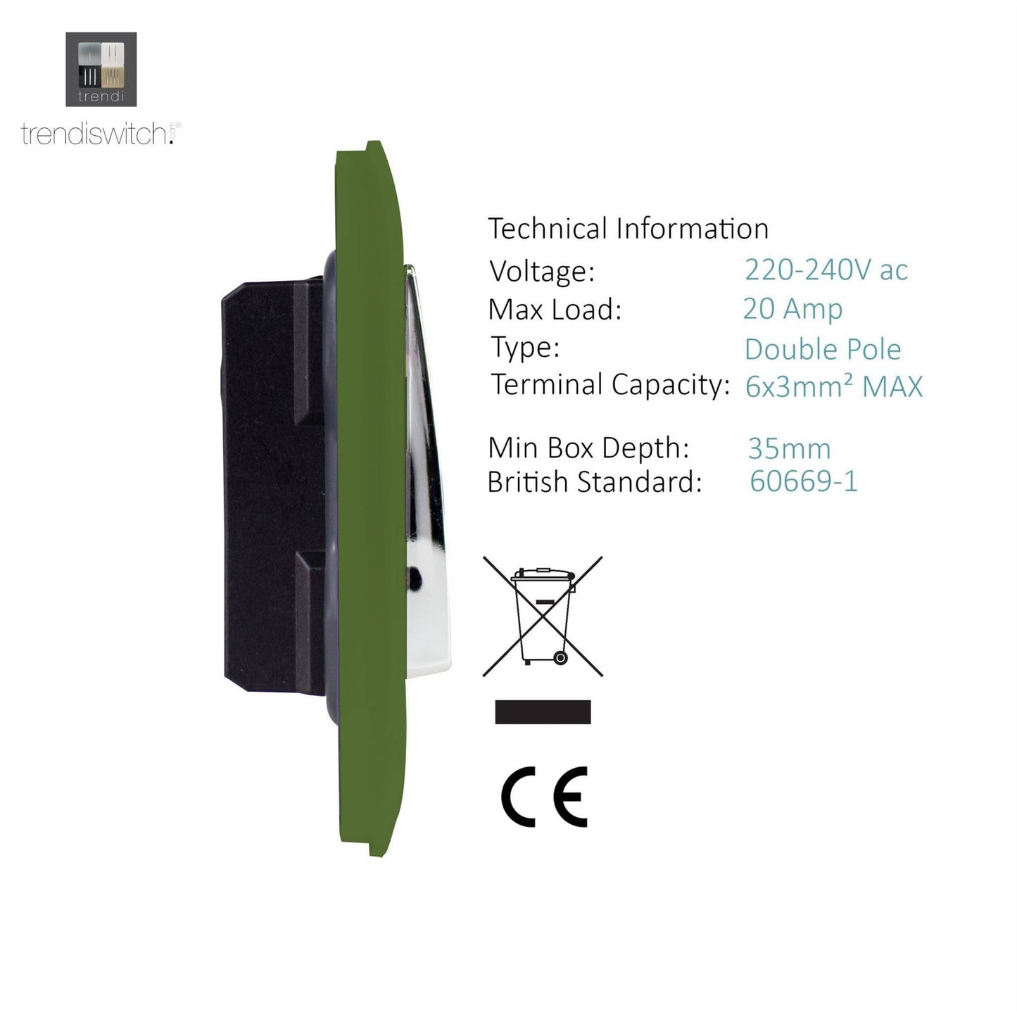 Trendi Switch 1 Gang 20 Amp Heavy Duty Rocker Switchin Moss Green