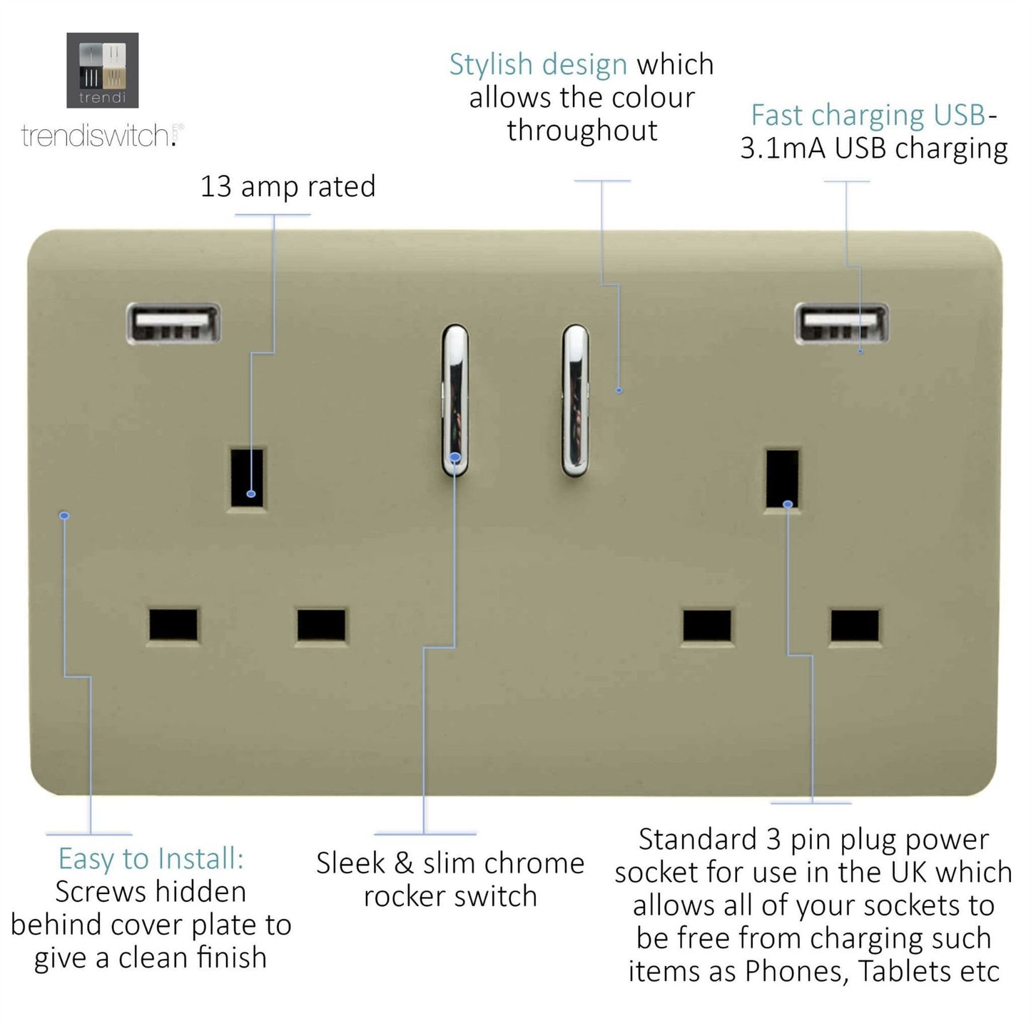 Trendi Switch 2 Gang USB 3100mA Plug Socketin Champagne Gold