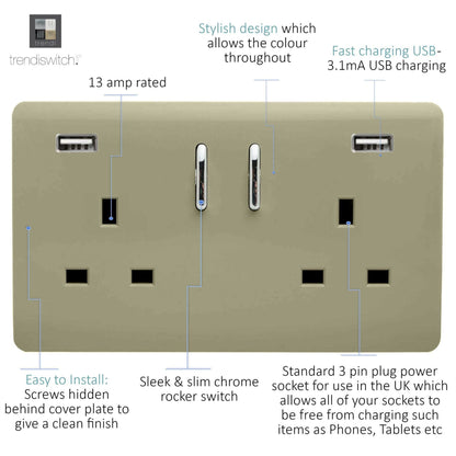 Trendi Switch 2 Gang USB 3100mA Plug Socket in Champagne Gold