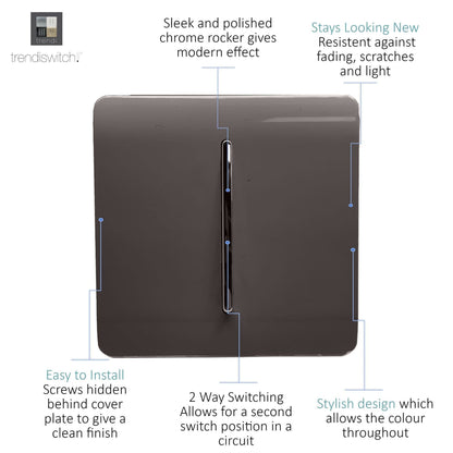 Trendi Switch 1 Gang 1 or 2 way Rocker Light Switch in Dark Mocha Brown