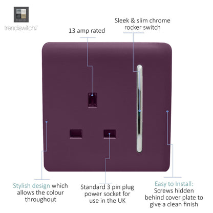 Trendi Switch 1 Gang 13 Amp Switched Plug Socket in Plum Purple