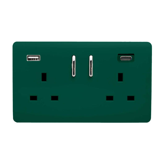 Trendi Switch 2 Gang USB 45W Type A & C USB Plug Socket in Dark Forest Green