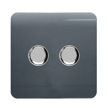 Trendi 2 Gang 2 Way 240V 100w LED Dimmer Screwless Raised Front Plate Plastic Artistic Modern Glossy 10 Amp Chrome Single Electrical Wall Light Switch in Warm Grey - ART-2LDMWG