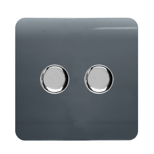 Trendi 2 Gang 2 Way 240V 100w LED Dimmer Screwless Raised Front Plate Plastic Artistic Modern Glossy 10 Amp Chrome Single Electrical Wall Light Switch in Warm Grey - ART-2LDMWG