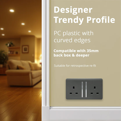 Trendi Switch 2 Gang Long Switched Plug Socket in Charcoal Grey