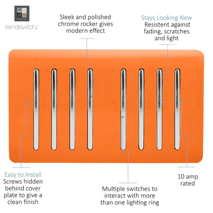 Trendi Switch 8 Gang 1 or 2 Way Light Switch in Sunset Orange