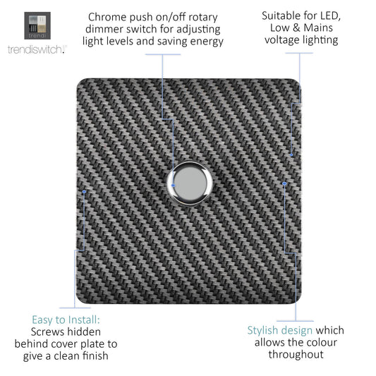 Trendi Switch 1 Gang 1 or 2 way 150w Rotary LED Dimmer Light Switchin Carbon Fibre