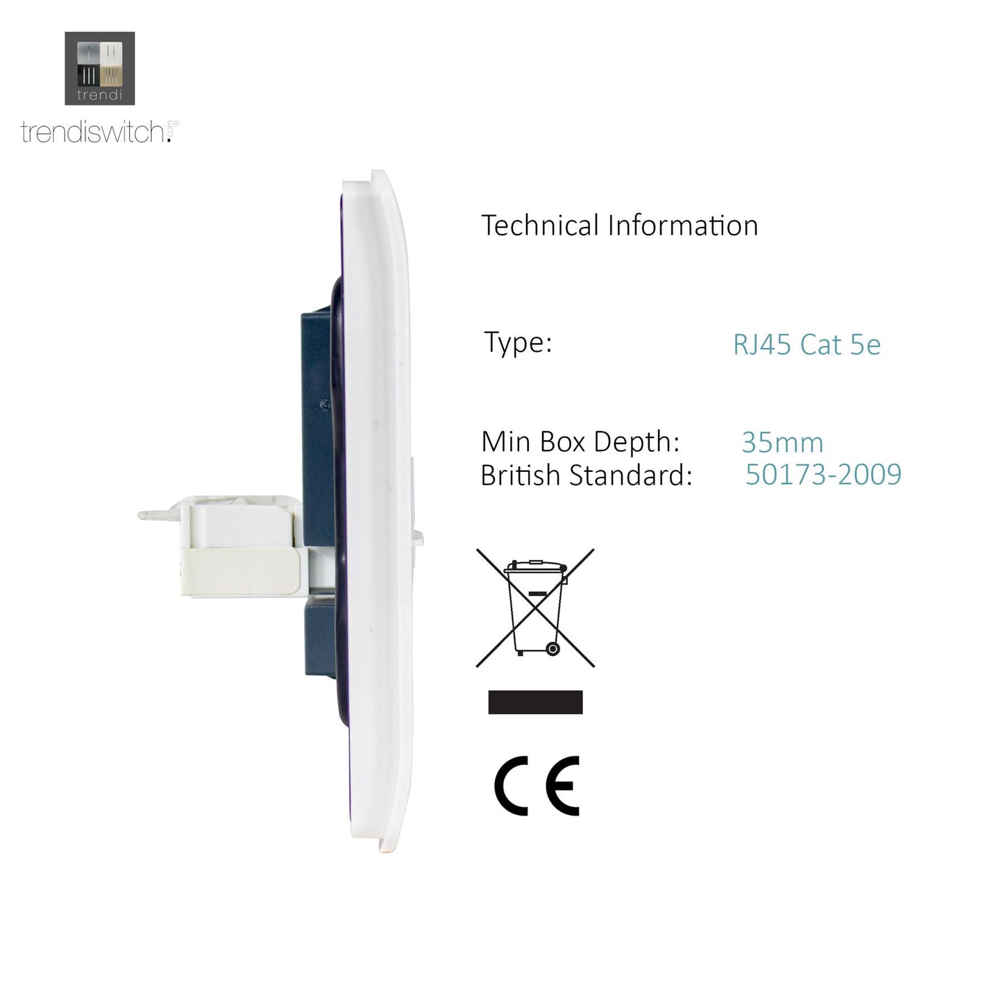 Trendi Switch 2 Gang RJ45 Cat 5e PC Ethernet Socket in Matt White - ART-2PCMWH
