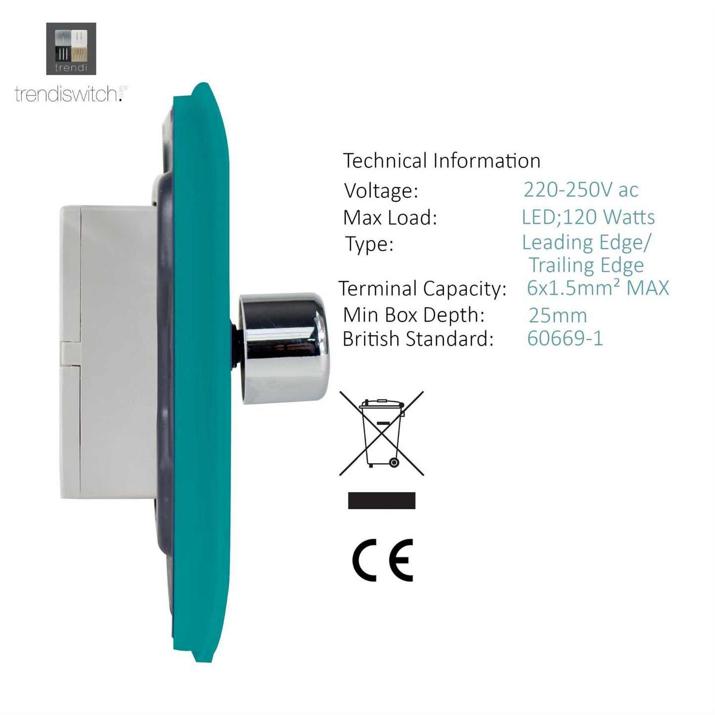 Trendi Switch 1 Gang 1 or 2 way 150w Rotary LED Dimmer Light Switchin Bright Teal