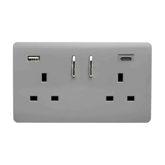 Trendi Switch 2 Gang USB 3100mA Type A & C USB Plug Socketin Light Grey