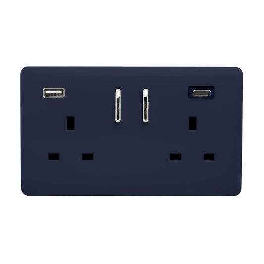 Trendi Switch 2 Gang USB 65W Type A & C USB Plug Socket in Navy Blue