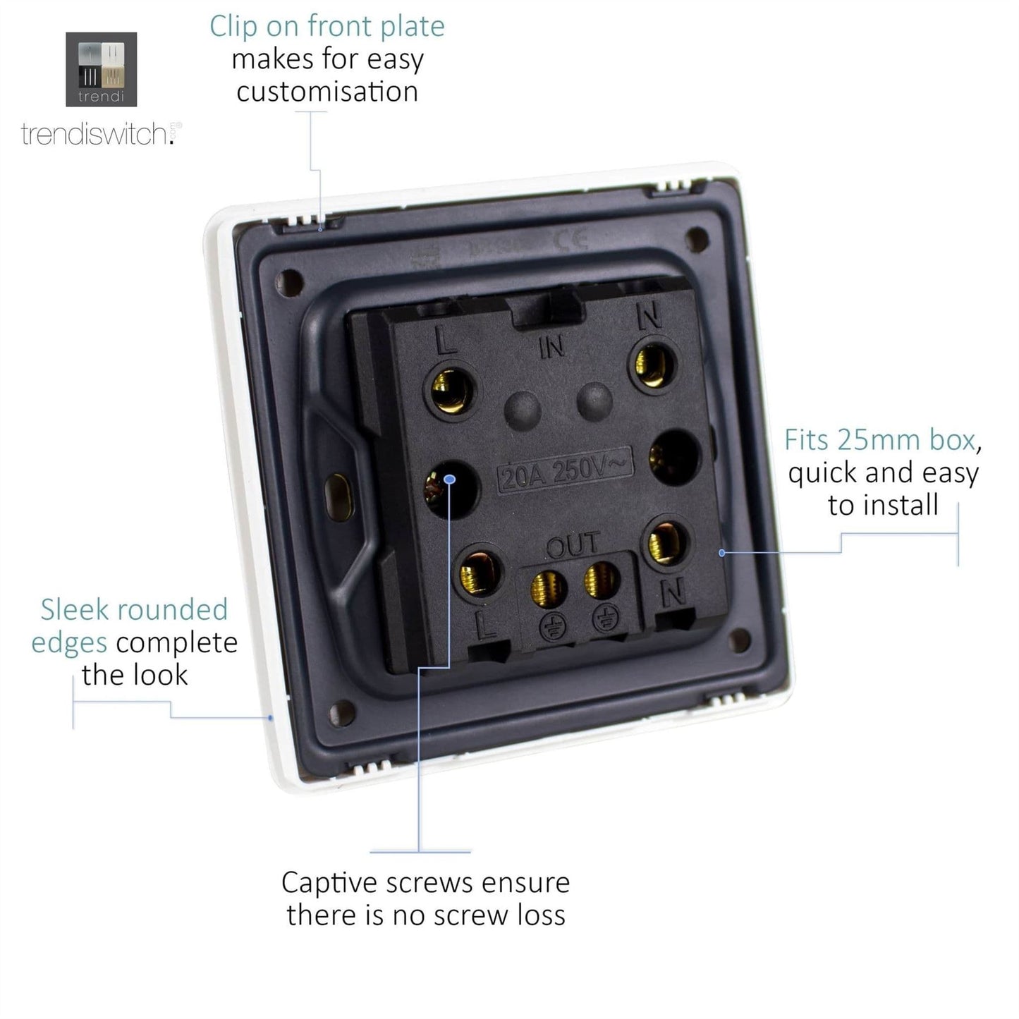 Trendi Switch 1 Gang 20 Amp Heavy Duty Rocker Switchin Brushed Steel