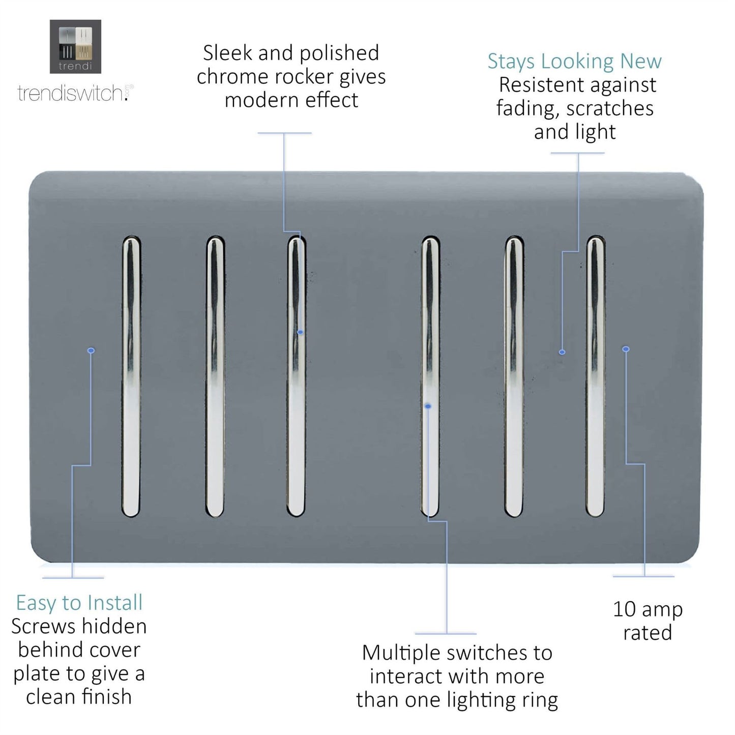 Trendi Switch 6 Gang 1 or 2 Way Light Switchin Warm Grey